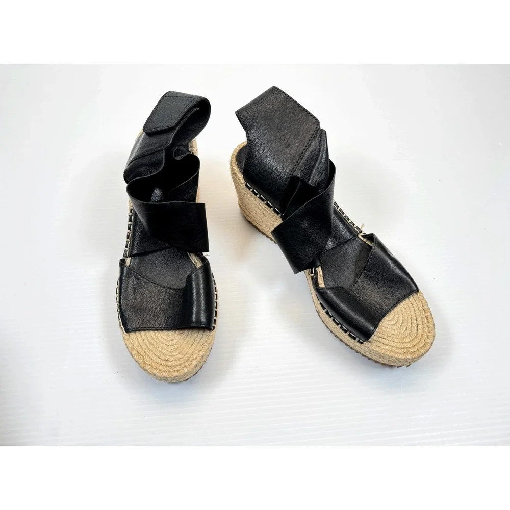 Eileen Fisher Willow Tumbled Leather Wedge Espadrille Women 8 EUC $198‎ Open toe